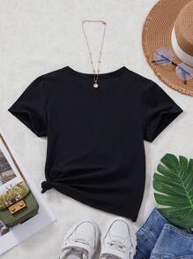 Young Girl Slogan Print Round Neck Casual Short Sleeve T-Shirt