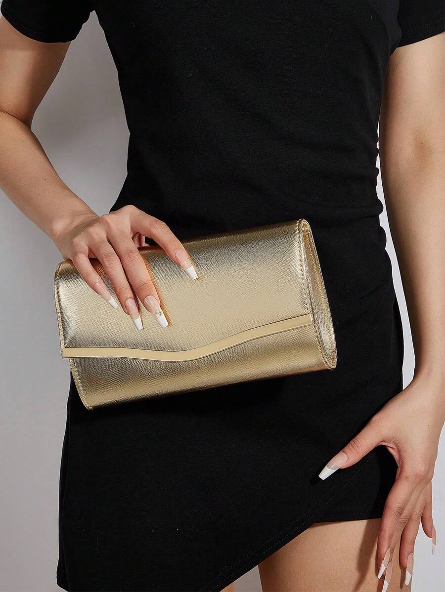 闪亮奢华闪亮信封手拿包，配有薄十字纹理金色五金配件，适合女士，配有金属链，适合婚礼、派对、舞会、生日礼物，大容量，可放置手机、化妆品 - 金色 - 查看 1