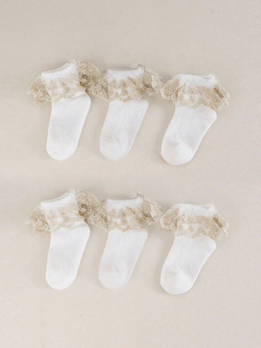 6 pares de calcetines blancos de malla transpirable y suave con borde de encaje, estilo escolar para estudiantes niñas y baile, adecuados para todo el año - Blanco - Ver 1