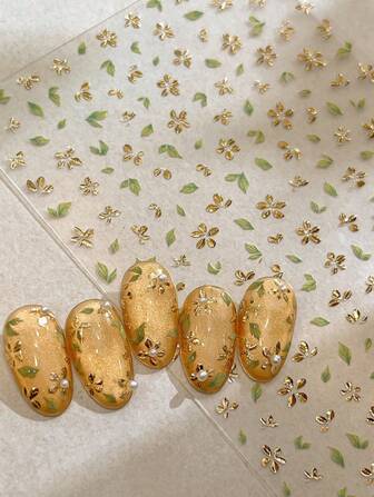 1PC Glitter Golden Flower & Leaf Pattern Spring Nail Art Sticker For Acrylic Nail Nail Decorations For Women DIY Nail Stickers Nails,Perfect For Autumn And Winter Nails DIY