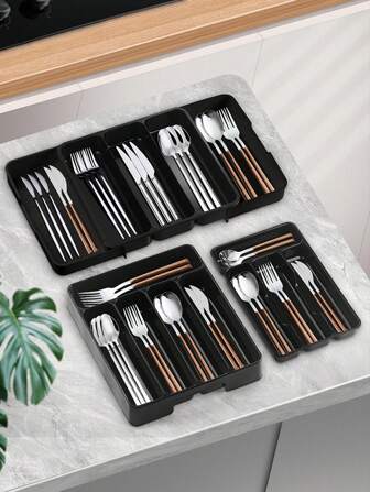 1 pieza Caja de almacenamiento expandible y plana para cubiertos, de gran tamaño con tapa, hecha de plástico PP, apta para organizador de encimeras de cocina, cajones de armarios, utensilios, palillos, y ordenación de herramientas