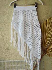 Knitted Beach Cover-Up Skirt With Fringes - 白色 - 查看 5
