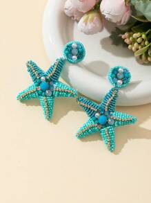 Sea Star Rhinestone Beaded Bohemian Beach Fashion Earrings For Women - Baby Blue - View 1