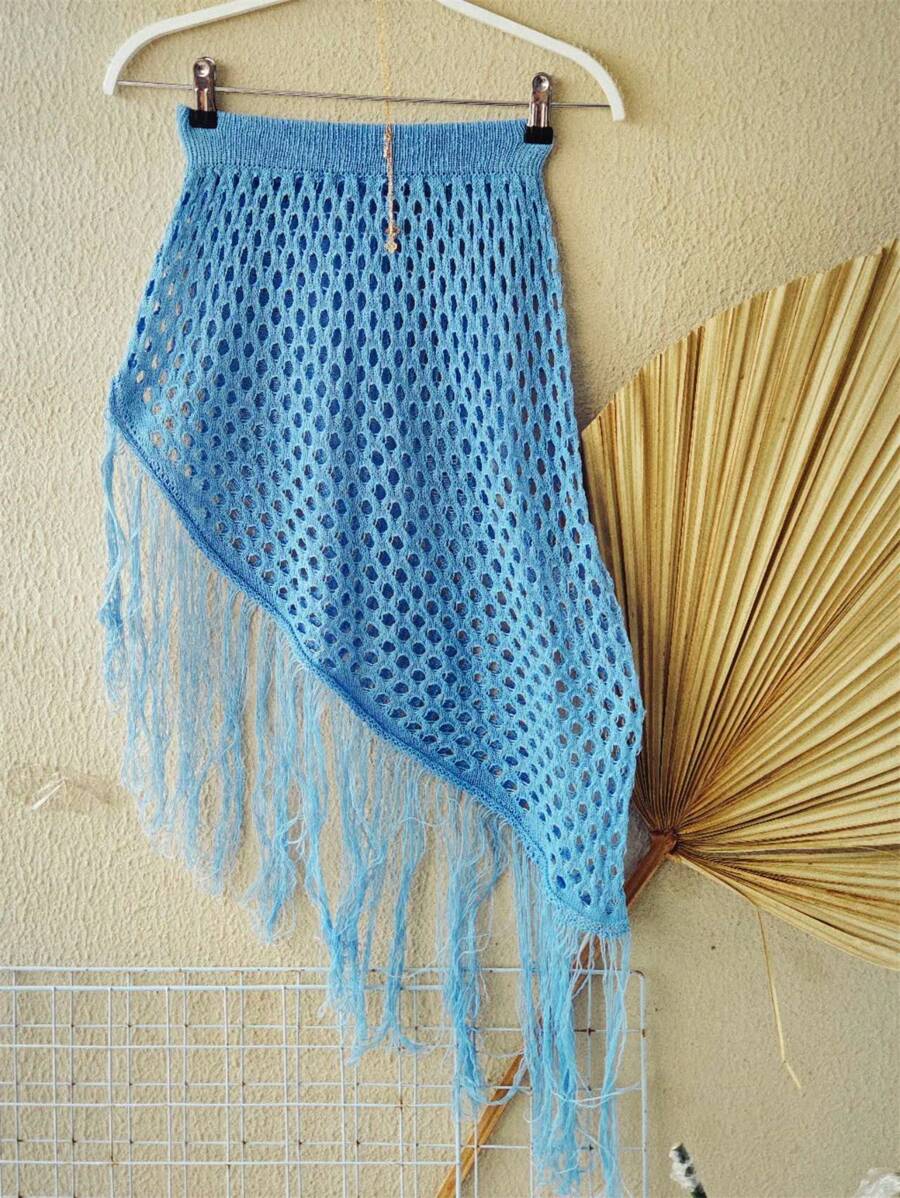 Knitted Beach Cover-Up Skirt With Fringes - 藍色 - 查看 1