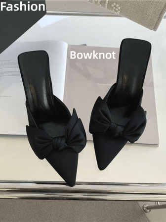 2025 法式蝴蝶结尖头高跟凉鞋，黑色，仙女般的设计，适合派对和情人节礼物