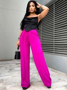 Duna Women's Wide Leg Pants With Elastic Waist And Pockets, High Waist - 玫瑰紅 - 查看 6