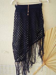 Knitted Beach Cover-Up Skirt With Fringes - 黑色 - 查看 6