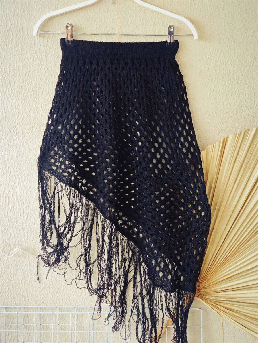 Knitted Beach Cover-Up Skirt With Fringes - 黑色 - 查看 1