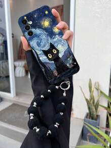 1个黑色TPU卡通猫图案防震手机壳和1个黑色毛球手机挂绳，兼容、安卓手机等，兼容OPPO等。防水防摔防刮，国际版，非国内版。 - 彩色 - 查看 3