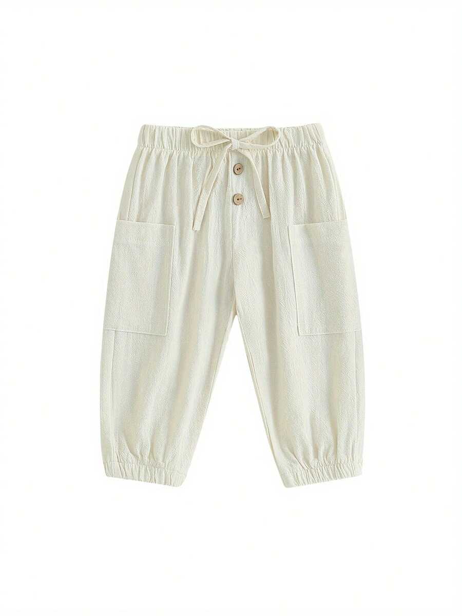 Pantalones deportivos casuales para bebés varones de 6 meses a 4 años, pantalones cargo con botones y cordón de color sólido con bolsillos, ropa para niños pequeños - Beis - Ver 1
