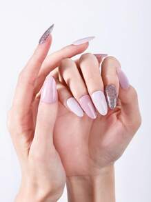 Beauty Sticker 16 pièces Autocollants pour ongles en gel semi-durcis, pointes d'ongles adhésives complètes brillantes dégradé rose printemps, tiennent 14 jours, résistant à l'écaillage, fournitures pour l'art des ongles DIY pour les femmes