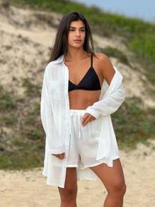 Beach Cover-Up Shirt And Shorts Summer - Ice White - View 3