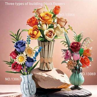 500+Pcs/Box Assorted Wooden Blossom Bouquet Including Rose, Magnolia & Other Flowers, Precise Flower Brick Arrangement, Everlasting Decoration For Home & Office, Romantic Gift