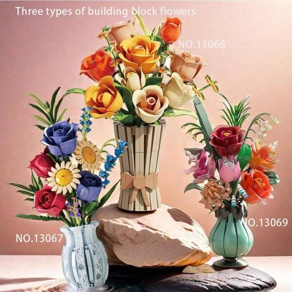 500+Pcs/Box Assorted Wooden Blossom Bouquet Including Rose, Magnolia & Other Flowers, Precise Flower Brick Arrangement, Everlasting Decoration For Home & Office, Romantic Gift