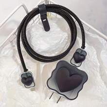 5pcs Black Heart-Shaped Charger Cover, Data Cable Protector, Winding Cord Organizer Compatible With IPhone 14 Pro Max/13/12/11, 18/20W Fast Charger Adapter, Boyfriend/Girlfriend Gift