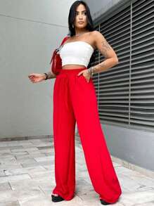 Duna Women's Wide Leg Pants With Elastic Waist And Pockets, High Waist - Đỏ - Xem 5
