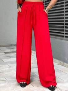 Duna Women's Wide Leg Pants With Elastic Waist And Pockets, High Waist - Đỏ - Xem 7