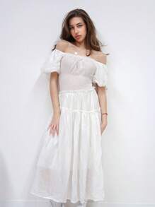 Women's Off Shoulder Polka Dot Long Dress, Suitable For Vacation And Beach.