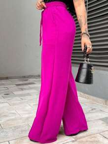 Duna Women's Wide Leg Pants With Elastic Waist And Pockets, High Waist - 玫瑰紅 - 查看 3