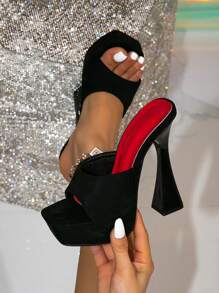 女士高跟厚底粗跟时尚方头黑色装饰透明魅力派对细高跟凉鞋，适合户外穿着