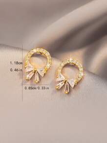 1 Pair Women's Copper Stud Earrings, Crystal Bowknot Circle With Micro , Fashion & Elegant