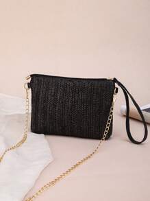 彩色编织手提包、时尚单肩链包、手拿包、百搭日常手提包 - 黑色 - 查看 4