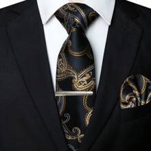 1 件/2 件/3 件/4 件/5 件男士佩斯利图案领带、丝缎领带、银色领带夹、口袋巾、袖扣和翻领别针组合套装，适合作为父亲节、周年纪念日、生日的男士礼物，经典佩斯利图案完美搭配燕尾服，让您在舞会、婚礼、正式派对、仪式、重要活动、休闲派对等任何场合脱颖而出男士领带 - 黑色 - 查看 16