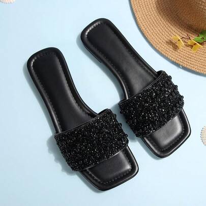 Plus Size Women Flat Sandals, Vacation Style Casual Versatile Rhinestone Embellished Slide Sandals, Summer