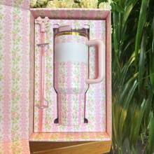 Beautiful Cup--40-Ounce Stainless Steel Strap Straw And Handle Vacuum Cup Gift Set, Suitable For Travel Vacuum Cup As A Gift,Official Logistics Supported - 繁花粉色 - 查看 2