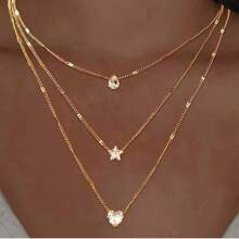 1 件多层项链，带心形、星星、月亮、水滴形吊坠设计，简约锌合金金属金色时尚个性化项链，适合女士日常佩戴