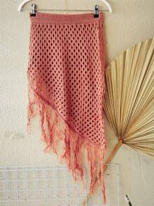 Knitted Beach Cover-Up Skirt With Fringes - 珊瑚粉 - 查看 5
