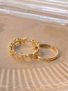 Tkool 2 Pcs Fashion & Delicate Korean Style Butterfly Element Copper Micro-Inlaid Zirconia Endless Adjustable Rings Set For Women - Yellow Gold - View 6