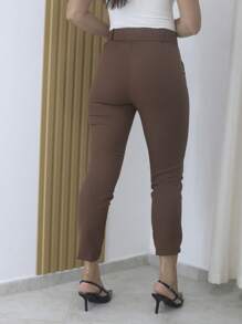 Women's Tailored Formal Pants In Polyester Elastane With Belt - Maxma 6622 - Rust Brown - View 4
