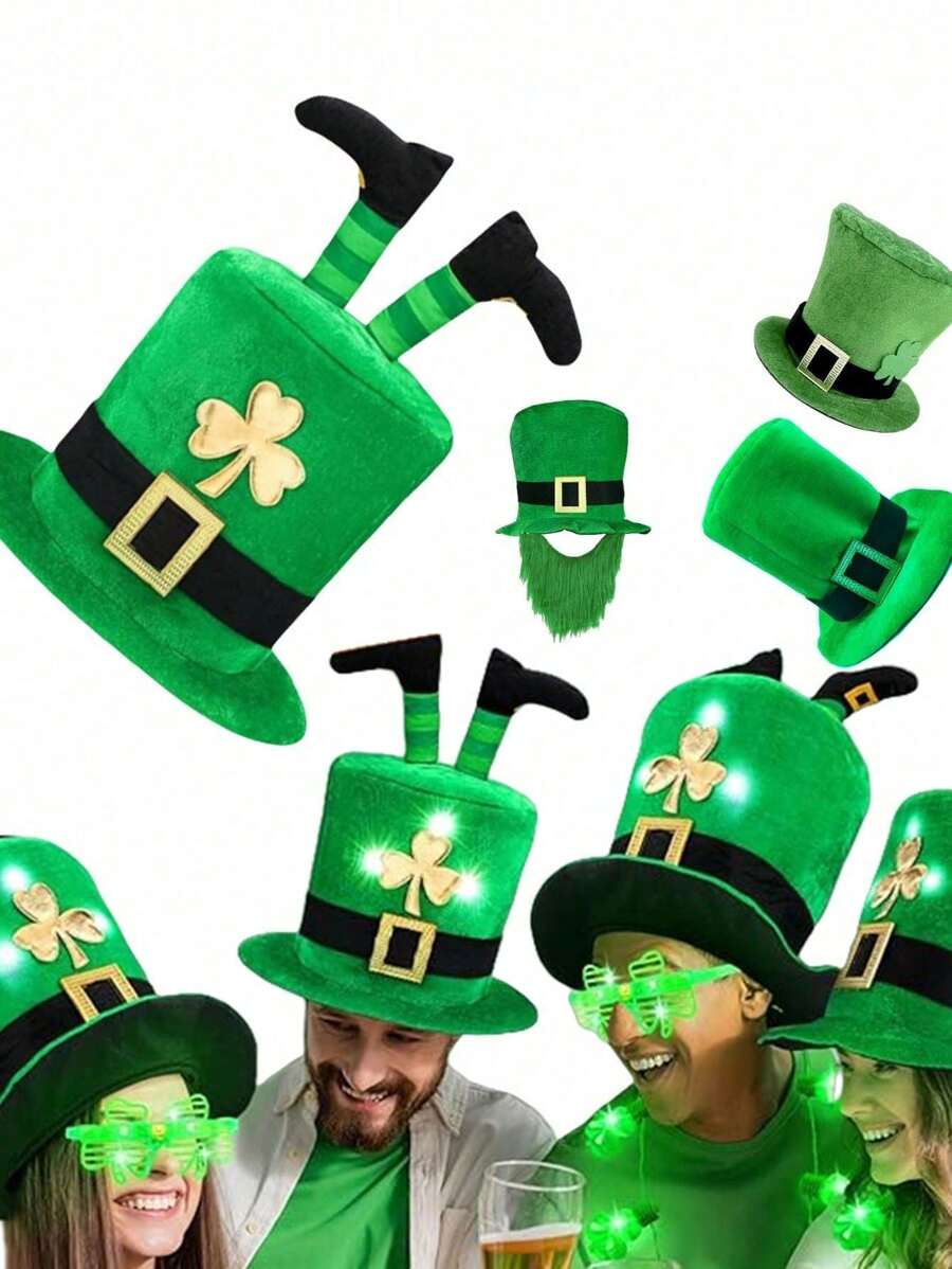 1pc 2025 New St. Patrick's Day Shamrock With Mustache Hat, Irish Top Hat For Performance Party Costume, Suitable For Holiday Party, Handmade Custom, Minor Flaws Normal (Color Difference Normal For Different Batches) - Multicolor - View 1