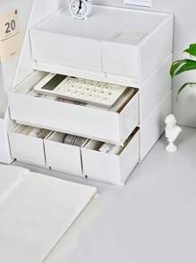 1pc Desktop White Storage Box, Plastic Organizer Box, Makeup Drawer Organizer, Freely Combinable, Multi-Layer Stackable, Jewelry & Stationery Drawer Organizer, Wabi-Sabi Style White Compartment Drawer Organizer, Multi-Compartment Stackable Organizer For Cosmetics, Desk Accessories, Suitable For Vanity, Desk Organization - White - View 4