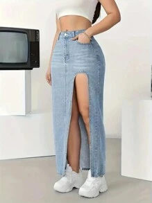 Falda de Mezclilla Midi con Abertura. - Azul lavado medio - Ver 2