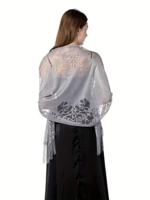 1 件女式花卉蕾丝边围巾披肩带流苏，柔软网状流苏披肩，适合婚纱、婚礼/派对晚礼服 - 純白色 - 查看 14