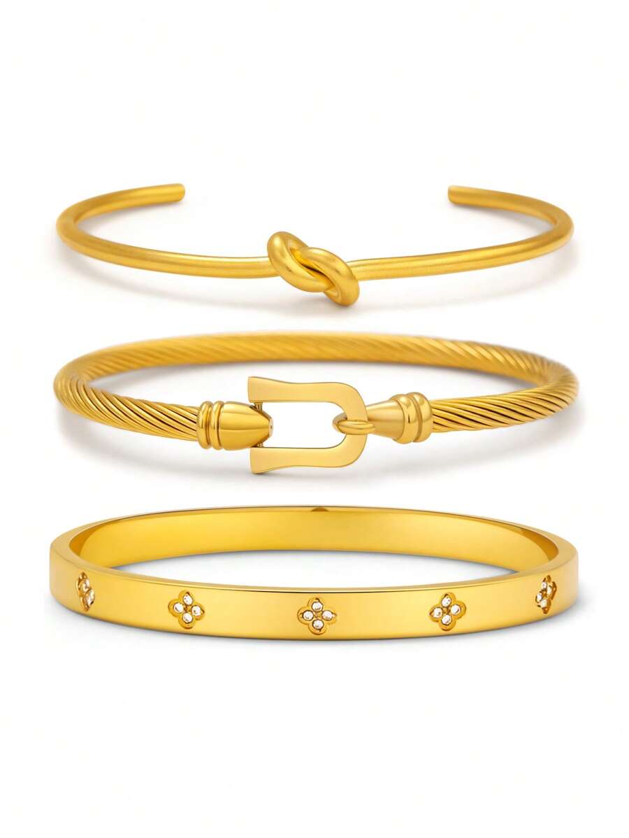 精致的幸运四叶花方晶锆石镶嵌手链，时尚女士珠宝配饰，适合优雅的日常佩戴和派对饰品，是情人节、妈妈、母亲、母亲节、礼物的理想之选 - 金色 - 查看 1