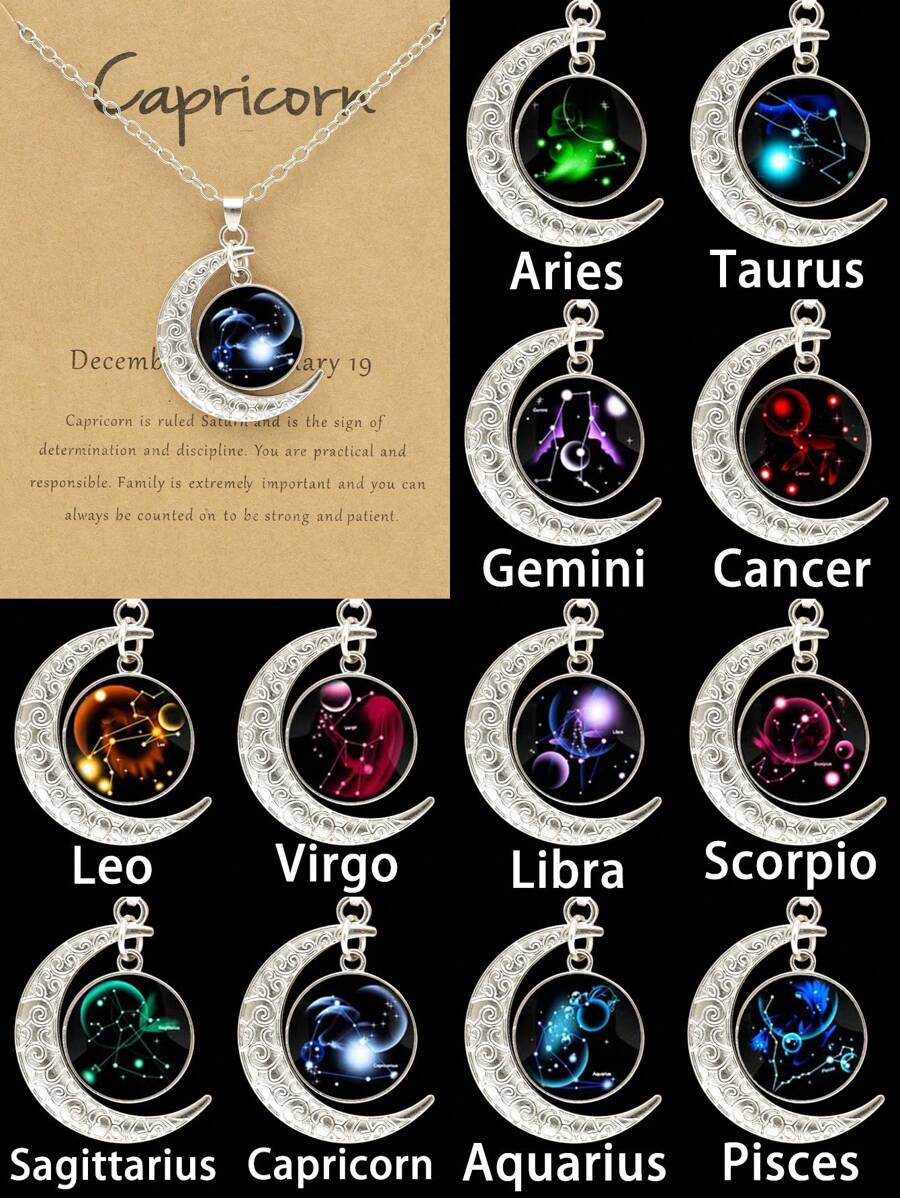 1pc Luminous 12 Zodiac Signs Necklace, Vintage Moon Pendant Constellation Tag Necklace, Party Birthday Gift
