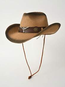 1 件女式仿皮牛头装饰渐变色西部牛仔帽，百搭时尚春夏季遮阳帽，户外防紫外线沙滩帽