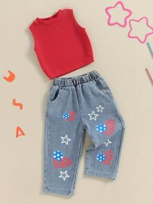 Toddler Girls 4th Of July Outfits Ribbed Sleeveless Tank Tops And Heart Print Elastic Jeans Set Baby Summer Clothes - Red - View 5