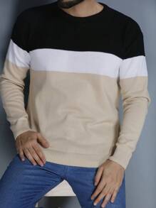 Men's Knitted Sweater Coat Sweater Round Neck Long Sleeve Blouse - 杏色 - 查看 1