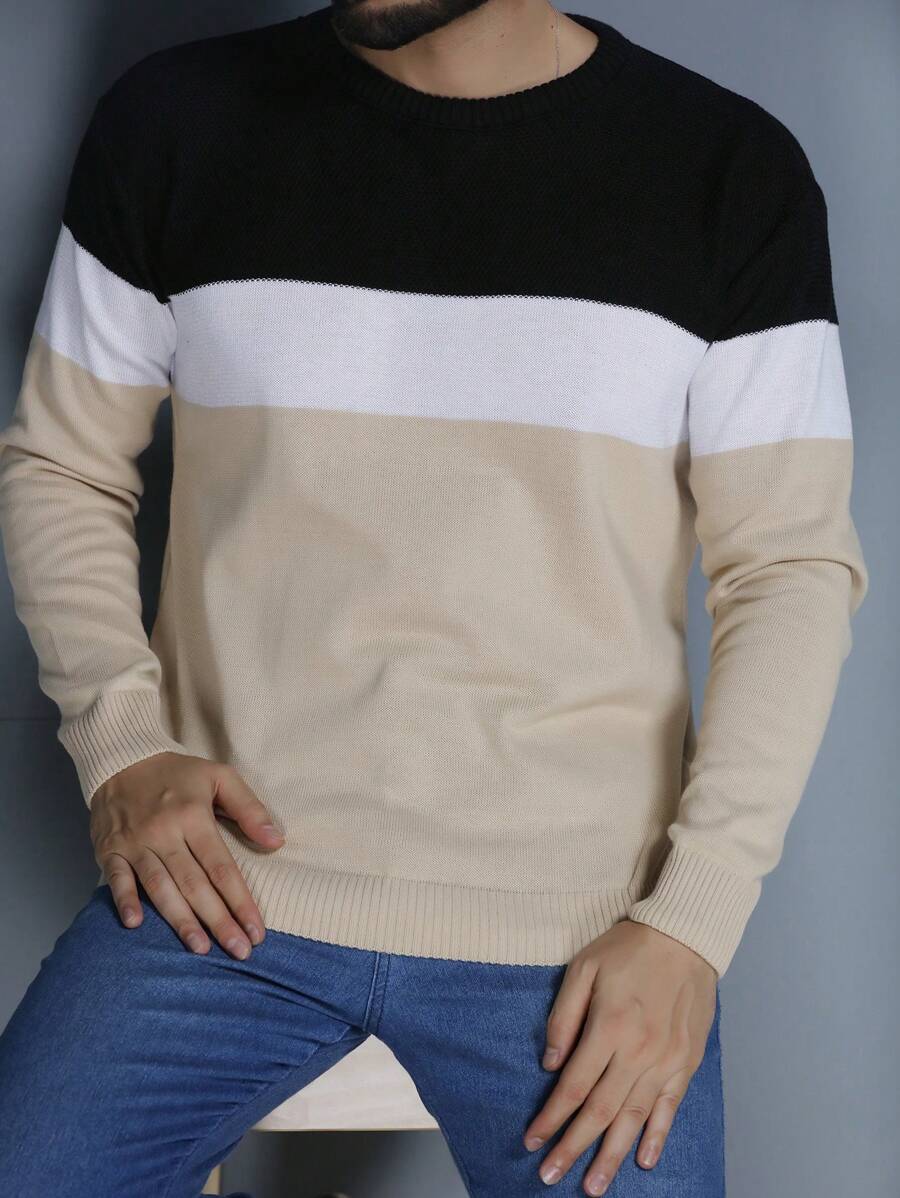 Men's Knitted Sweater Coat Sweater Round Neck Long Sleeve Blouse - 杏色 - 查看 1