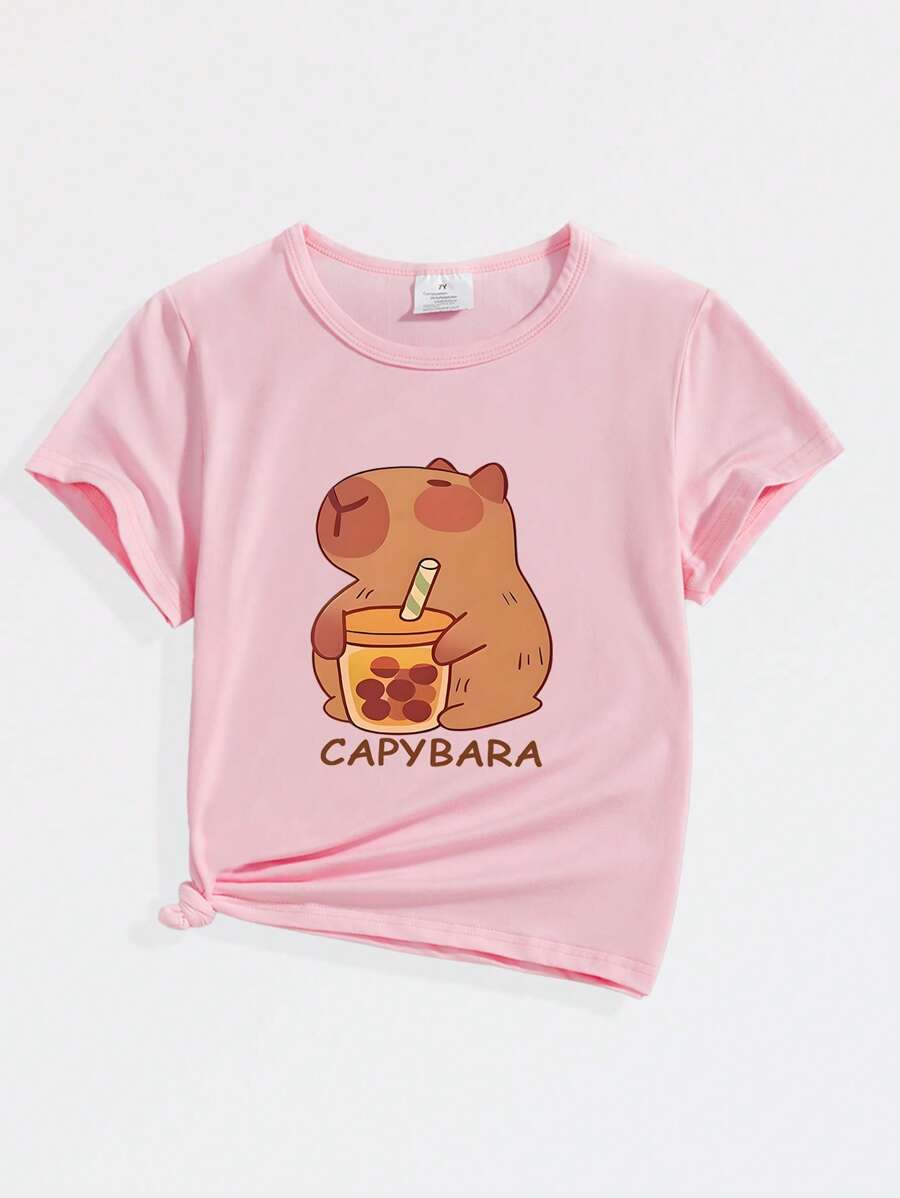 Áo thun tay ngắn in hình Capybara và khẩu hiệu thường ngày cho bé gái