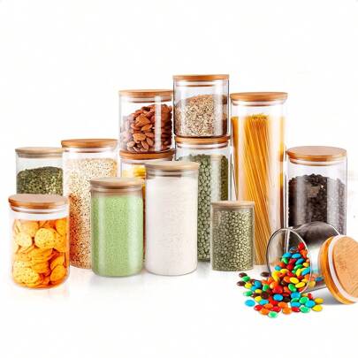 Kit 13 Potes de vidro herméticos tampa bambu