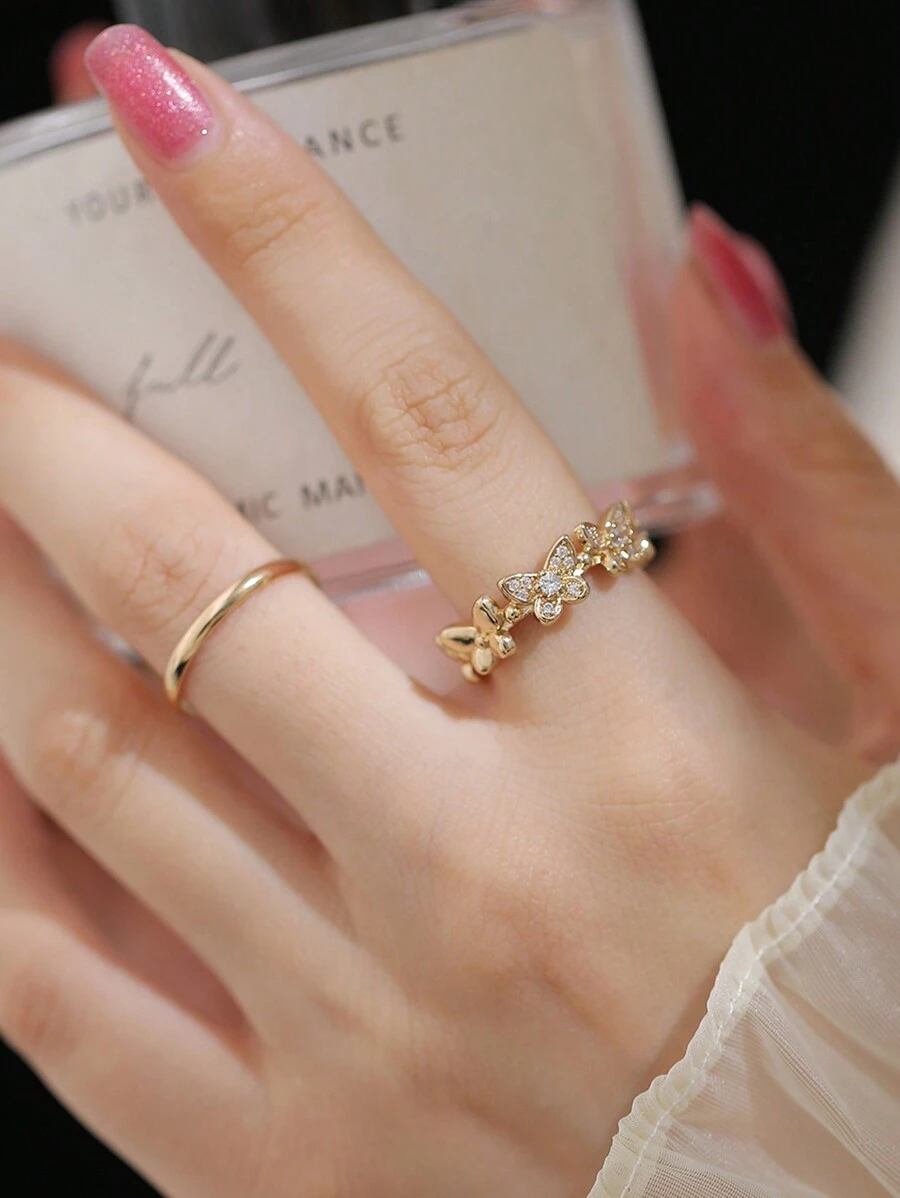 Tkool 2 Pcs Fashion & Delicate Korean Style Butterfly Element Copper Micro-Inlaid Zirconia Endless Adjustable Rings Set For Women - Yellow Gold - View 1