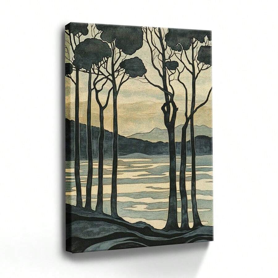 1 Pc, Art Nouveau Woodblock Print Of Trees And Water In The Style Of W, Original, Canvas, Wall Art, Living Room Wall Decorations, Bedrooms, Bathrooms, Frame Poster Art Prints, Hanging Paintings, Home Decoration, Festivals. Home 1 - Multicolor - View 1