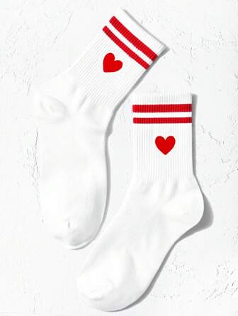 1pair Women'S Heart & Double Stripe Sports Mid-Calf Socks, Great For Valentine'S Day Wear, Fall Socks