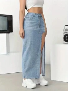 Falda de Mezclilla Midi con Abertura. - Azul lavado medio - Ver 5