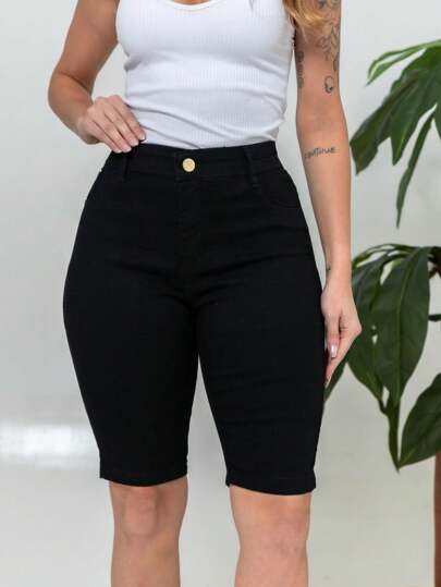 Bermuda Jeans Feminino Preto Total Black Cintura Alta Empina Bumbum Premium